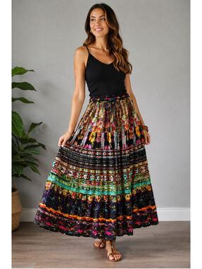 Vintage Travels Smith Patchwork Boho Maxi Skirt Cotton Lined Drawstring M